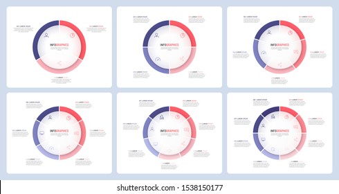 Pie chart infographic templates divided by 3 4 5 6 7 8 parts. Vector illustration.