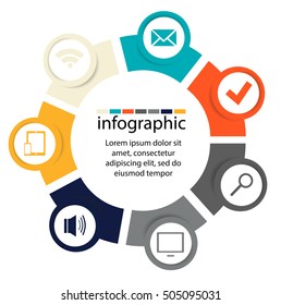 Pie chart, infographics with 7 steps and symbols for business presentations, design and reporting
