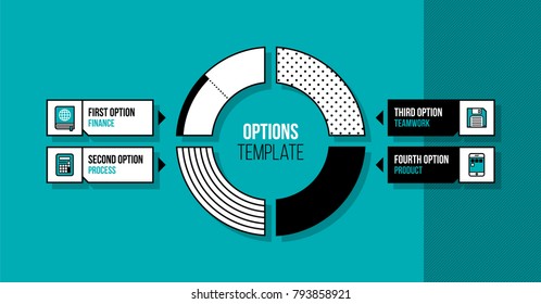 Pie chart infographics template with four segments in fancy geometric style on bright turquoise background