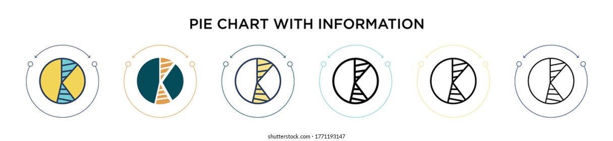 Pie chart with information icon in filled, thin line, outline and stroke style. Vector illustration of two colored and black pie chart with information vector icons designs can be used for mobile,