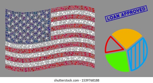 Pie chart items are arranged into USA flag collage with blue rectangle rubber stamp seal of Loan Approved caption. Vector collage of America waving flag is designed of pie chart elements.