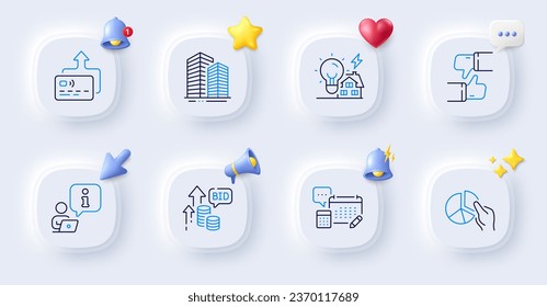 Iconos de gráfico circular, como y línea de cuenta. Botones con timbre 3d, discurso de chat, cursor. Paquete de oferta, Energía de construcción, Icono de entrevista. Edificios de rascacielos, pictograma de cartas. Vector