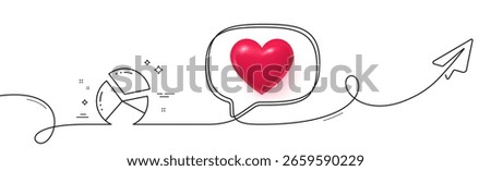Pie chart line icon. Continuous line with share plane. Presentation graph sign. Market analytics symbol. 3d heart in speech bubble. Pie chart single line ribbon. Loop curve pattern. Vector