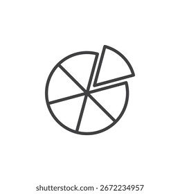 Ícone de linha de Gráfico de Pizza mostrando fatias circulares para proporções. Ícone vetor de contorno mínimo, símbolo de estatísticas e participação de mercado. Esse ícone é útil em infográficos e painéis.