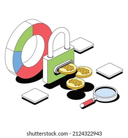 Pie chart, lock bitcoin coins, magnifying glass. Vector 3d sketch line isometric style, color icon illustration. Creative design idea and infographics elements.