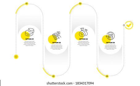 Pie chart, Loyalty points and Credit card line icons set. Timeline process infograph. Cashback sign. 3d graph, Money bags, Loan percent. Refund commission. Finance set. Vector