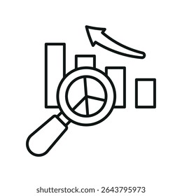 Pie chart with magnifier in line style builds a clean and focused data review icon.