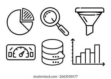 Ícones de Gráfico de Pizza, Lupa, Funil de Filtro, Dashboard, Banco de Dados e Linha do Gráfico de Barras