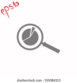Pie Chart and Magnifying Glass grey icon.