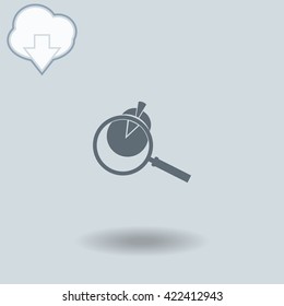 Pie Chart and Magnifying Glass icon with shadow. Cloud of download with arrow.