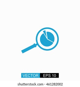 Pie Chart and Magnifying Glass vector. Isolated blue icon on white background.