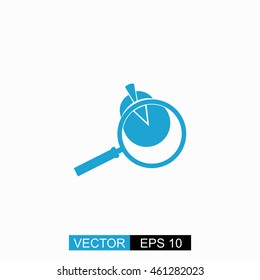 Pie Chart and Magnifying Glass vector. Isolated blue icon on white background.