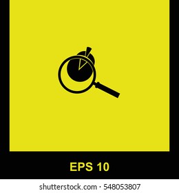 Pie Chart and Magnifying Glass vector black icon. Isolated illustration. Business picture.