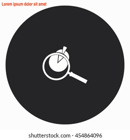 Pie Chart and Magnifying Glass web icon. Gray circle button with white illustration.