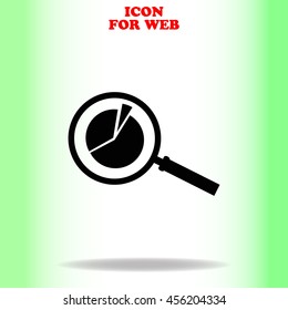 Pie Chart and Magnifying Glass web icon. Black illustration on white background