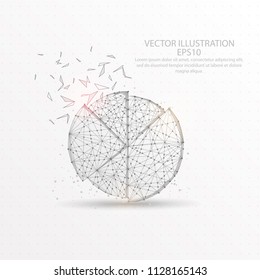 Pie chart mark point, abstract mesh line and composition digitally drawn starry sky or space in the form of broken a part triangle shape and scattered dots low poly wire frame.