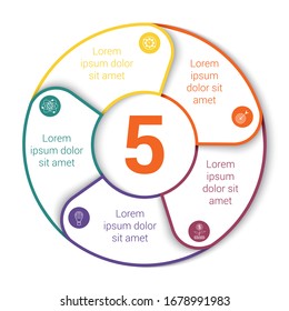 Pie chart. Modern infographic template for 5 positions. Shadow, white background