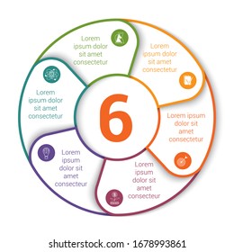 Pie chart. Modern infographic template for 6 positions. Shadow, white background