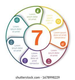 Gráfico circular. Plantilla de infografía moderna para 7 posiciones. Sombra, fondo blanco