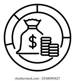 Pie chart with money bag, financial planning abstract round line vector icon with editable stroke