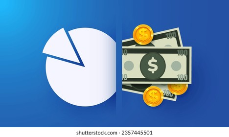 Pie chart and money. Financial analytics. Vector illustration