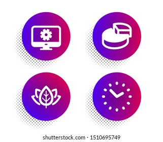 Pie chart, Monitor settings and Organic tested icons simple set. Halftone dots button. Time sign. 3d graph, Service cogwheel, Bio ingredients. Clock. Business set. Classic flat pie chart icon. Vector