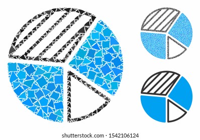Pie chart mosaic of humpy pieces in variable sizes and color tinges, based on pie chart icon. Vector rugged elements are composed into collage. Pie chart icons collage with dotted pattern.