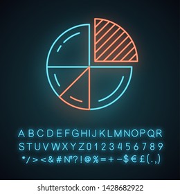 Pie chart neon light icon. Circle divided into parts. Diagram. Circular statistical graphic. Data visualization. Glowing sign with alphabet, numbers and symbols. Vector isolated illustration