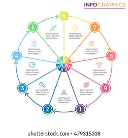 Pie chart with number options. Nine steps infographics. Vector design element.