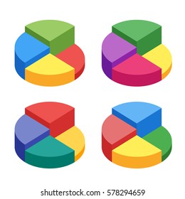 Pie chart on isolated background. Set of bulk isometric pie charts different heights. Business data, colorful elements for infographics. Vector illustration.