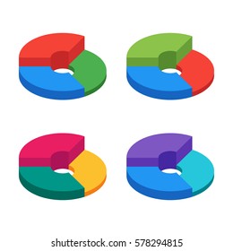 Pie chart on isolated background. Set of bulk isometric pie charts different heights. Business data, colorful elements for infographics. Vector illustration.