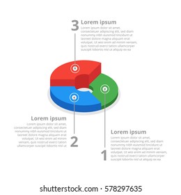 Pie chart on isolated background. Isometric pie charts different heights. Business data, colorful elements for infographics. Vector illustration.