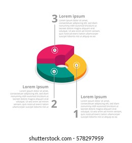 Pie chart on isolated background. Isometric pie charts different heights. Business data, colorful elements for infographics. Vector illustration.