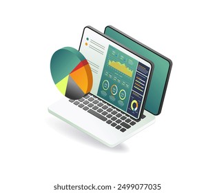 Pie chart on laptop screen, illustrating statistical information