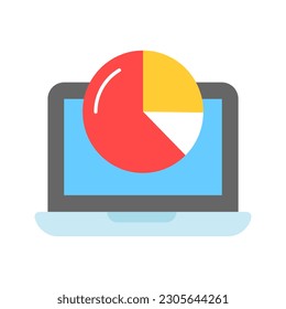 Gráfico circular en laptop que muestra el diseño vectorial de la gráfica de negocios en estilo moderno