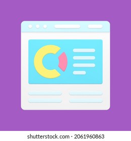 Pie chart on minimalistic website 3d icon. Online analysis of marketing and business information. Digital statistics infographic and profit interface presentation. Realistic isolated vector