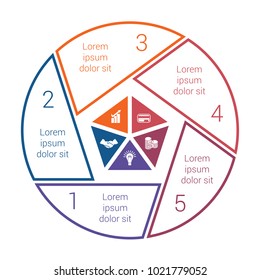 Pie chart on white background from line for 5 options. Template Infographics for business projects.