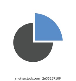 Pie chart with one highlighted blue segment on white background, isolated graphic symbolizing data, analysis, report, statistics, business, finance, or market research.