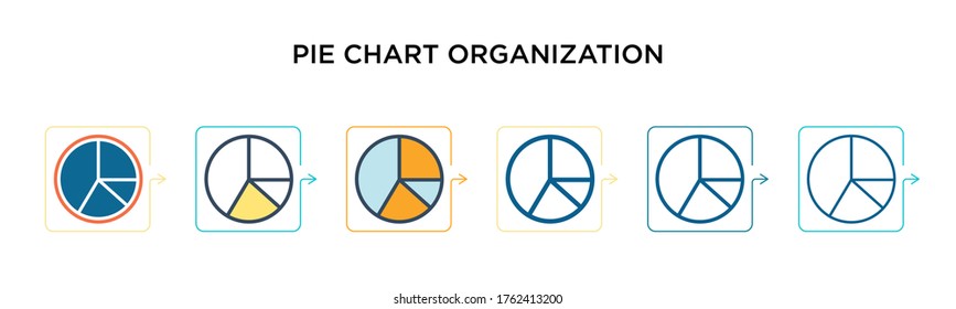 Pie chart organization vector icon in 6 different modern styles. Black, two colored pie chart organization icons designed in filled, outline, line and stroke style. Vector illustration can be used