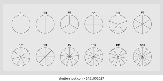 Pie chart outline with divided segments. Circle pie chart in 1, 2,3,4,5,6,7,8,9,10,11,12 sections or segments. Used for analyzing data.