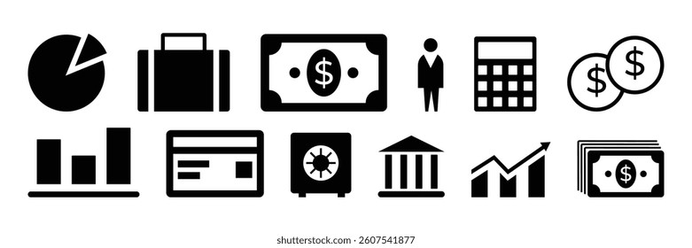 Pie chart, paper note calculator, bar graph, bank, arrow, briefcase, investor, money icon set. Black grow money, invest, savings, analytics, share market symbol collection illustration.