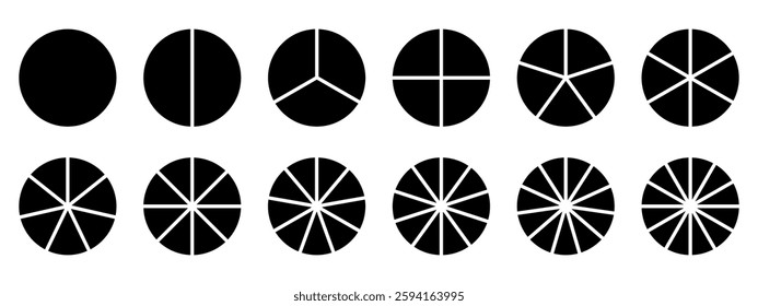 Pie chart parts circle sections 1, 2, 3, 4, 5, 6, 7, 8, 9, 10, black pie chart, graph icon pie, pizza shaped sectional charts. Infographic element round shape. Vector illustration eps 10. 