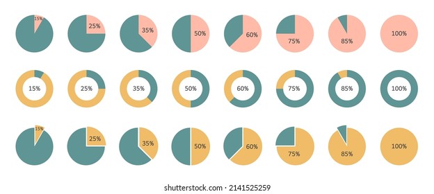 Pie chart percentage color set. Circle graph statistic diagram. Segment infographic. 25,50,60,75 slice element. Data information. Finance document presentation. Management report. Vector illustration.