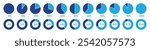 Pie chart, percentage diagram or progress bar set from 0% to 100 % for infographic. Percentage circle graph isolated set. Loading indicator. Vector illustration.