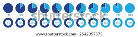 Pie chart, percentage diagram or progress bar set from 0% to 100 % for infographic. Percentage circle graph isolated set. Loading indicator. Vector illustration.