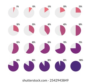 Pie chart percentage graph design. Loading progress bar. Percentage circle set. 5 10 15 20 25 30 35 40 45 50 55 60 65 70 75 80 85 90 95 percent. Ready-to-use for web design, UI, Infograph