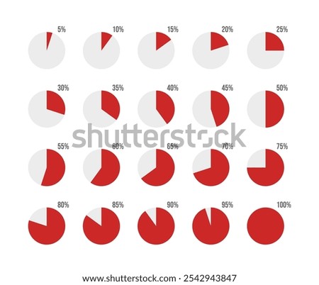 Pie chart percentage graph design. Loading progress bar. Percentage circle set. 5 10 15 20 25 30 35 40 45 50 55 60 65 70 75 80 85 90 95 percent. Ready-to-use for web design, UI, Infograph