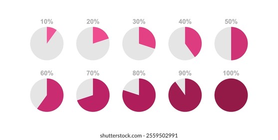 Pie chart with percentage graphic for business presentation. loading indicator. 10%-100% number. download process. circle percentage diagrams set. infographic pie graph set