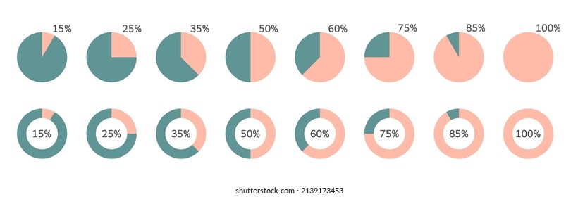 Pie chart percentage icons set. Segment infographic. Circle graph statistic diagram. 25,50,60,75 slice element. Data information. Finance document presentation. Management report. Vector illustration.
