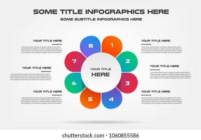 Pie chart of percentage infographics. Element of graph, diagram with 8 options - parts, processes, timeline. Vector business template for presentation, workflow layout, annual report